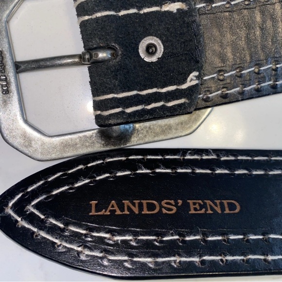 Lands End 28-30" Black Leather Suede Belt w/Decorative Stitching & Brass Buckle - Picture 3 of 6
